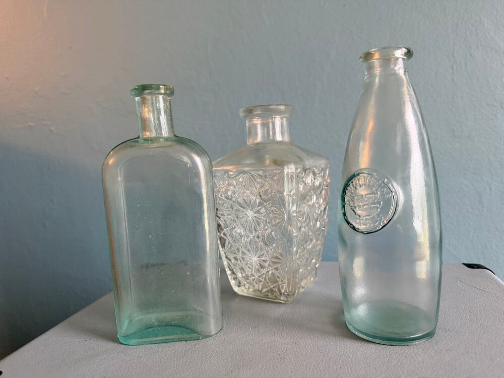 3-Piece Vintage & Farmhouse Glass Bottle Lot Aqua Medicine Cruet Bud Vases
